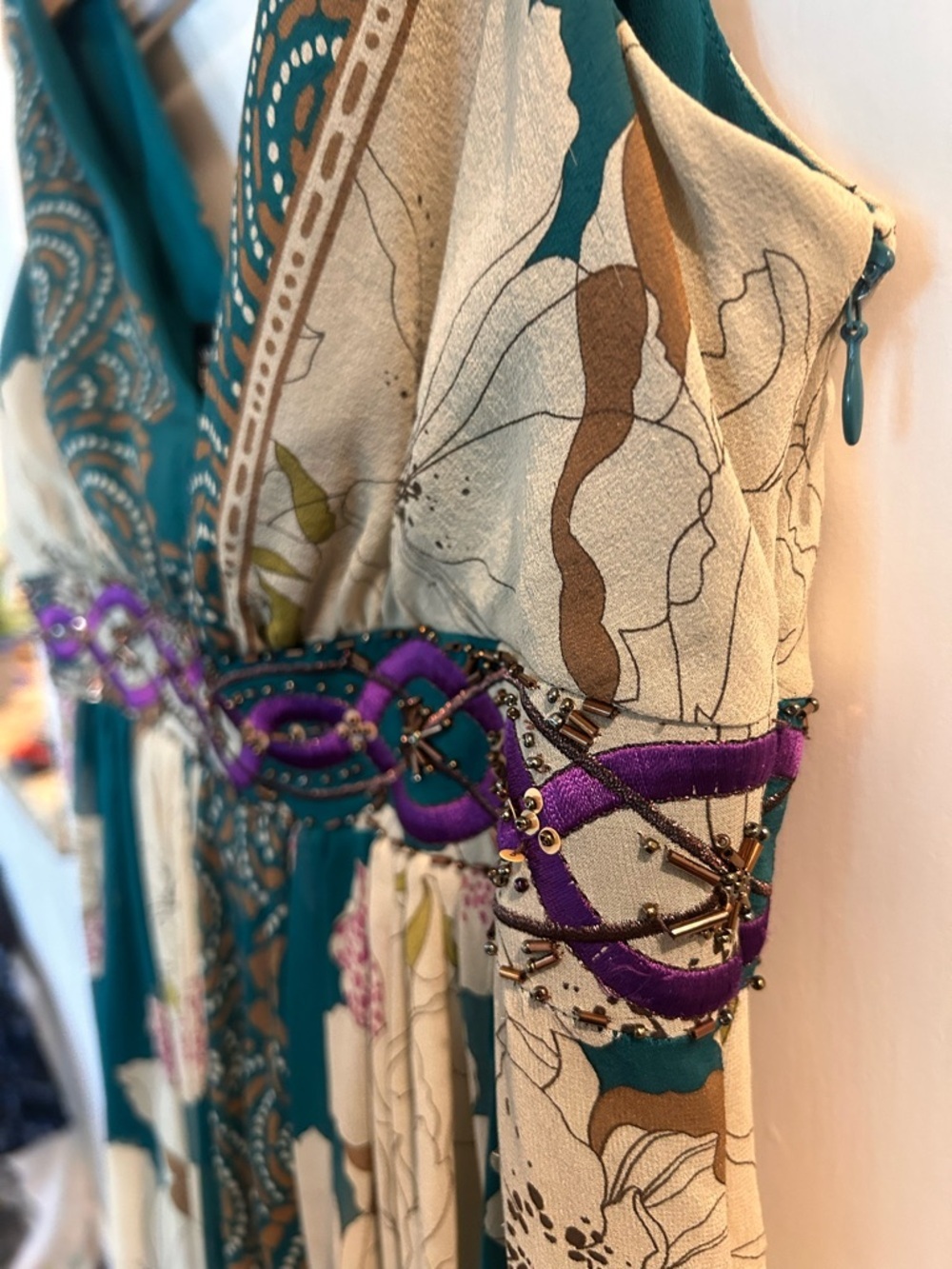 Adrianna Papell Teal Floral V-Neck Silk Cocktail Dress w/beading, embroidery - Picture 6 of 13